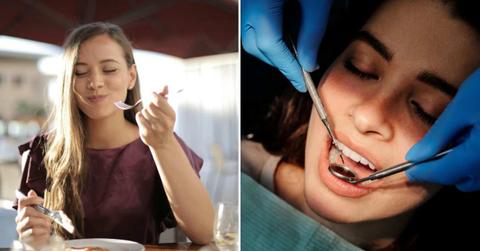 (L) A woman relishing food in the outdoors. (R) A woman at the dentist's office getting her teeth checked. (Representative Cover Image Source: Pexels | (L) Andrea Piacquadio, (R) Cedric Fauntleroy)