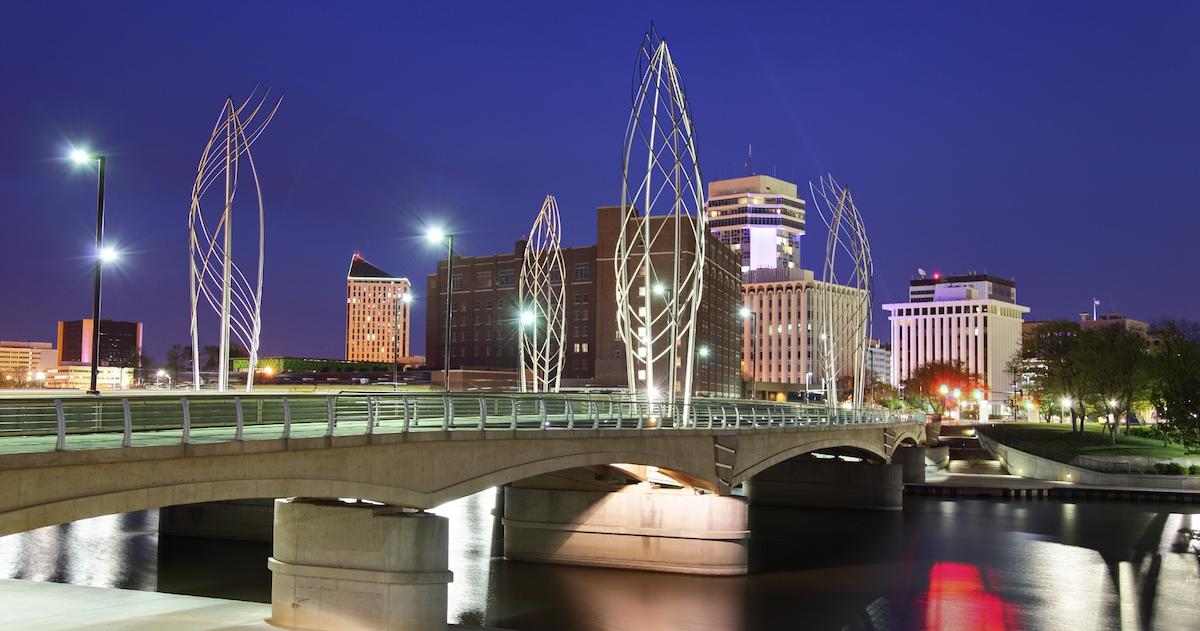 A river in Wichita, Kansas at night.