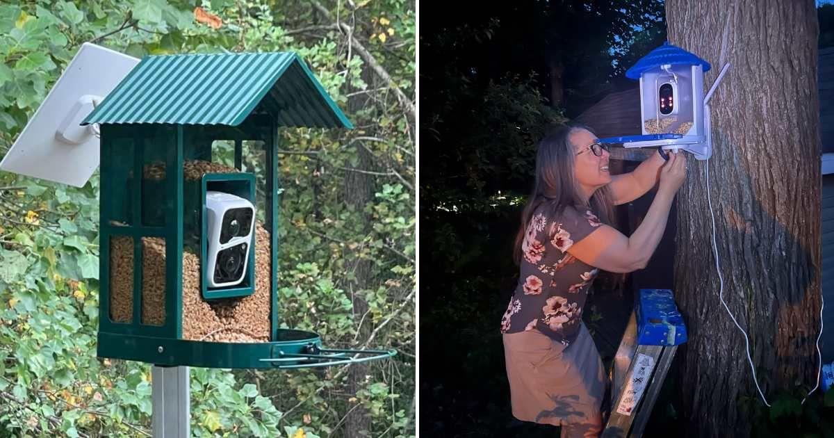 (L) Soliom's bird feeder camera mounted on a pole (Cover Image Source: Amazon) | (R) A woman installing a bird feeder. (Representative Cover Image Source: Getty Images | Marc Dufresne)