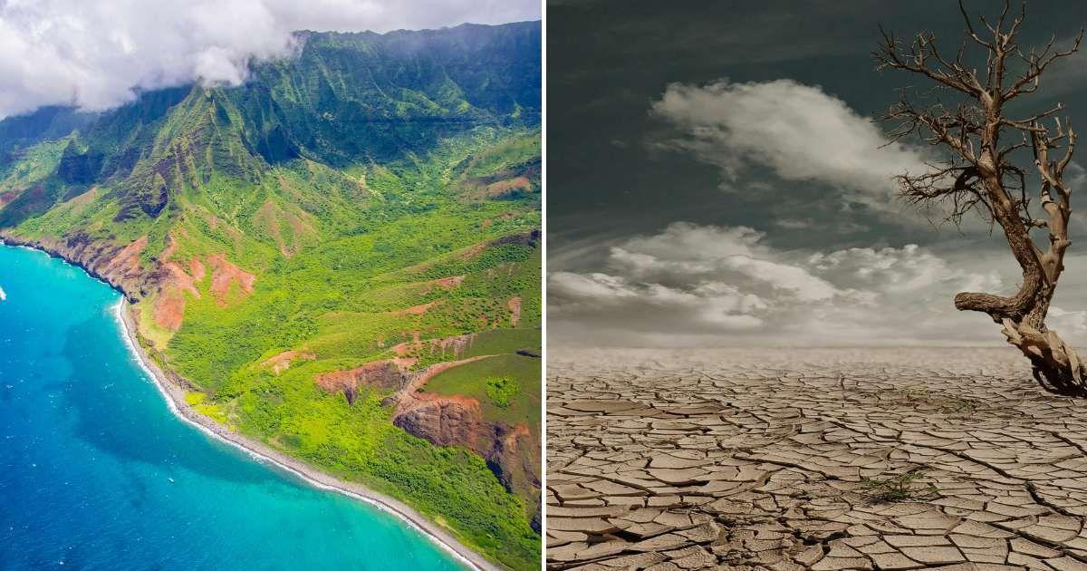 (L) Landscape of ice-free mountains on the ocean side. (R) Drought taking over a once-fertile land. (Representative Cover Image Source: Pexels | (L) Troy Squillaci, (R) Pixabay)