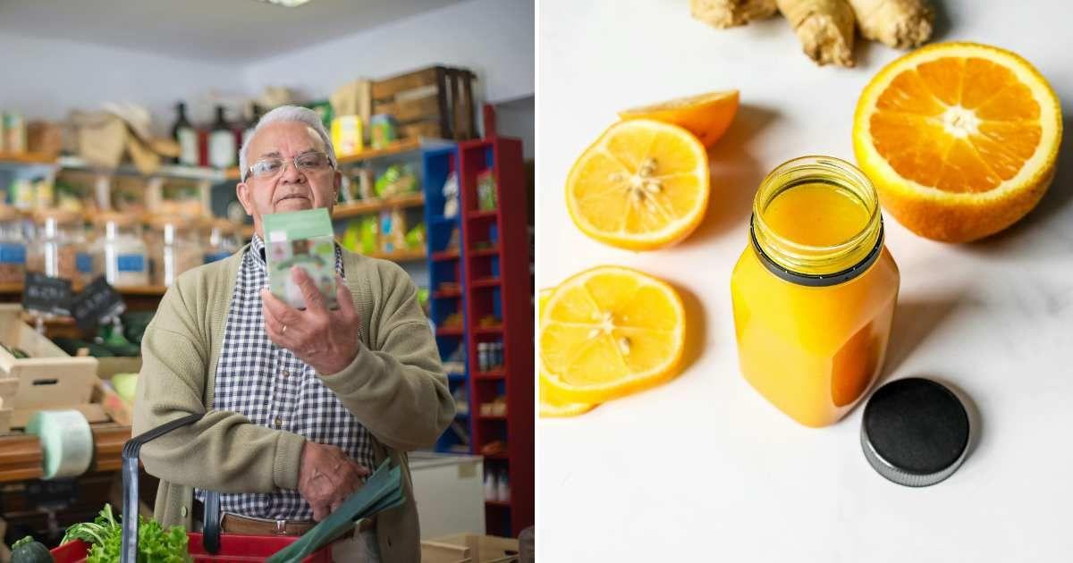 (L) An old man checking the label on the orange juice carton. (R) Orange juice surrounded by orange slices. (Representative Cover Image Source: Pexels | (L) Kampus Productions, (R) Polina Tankilevitch)