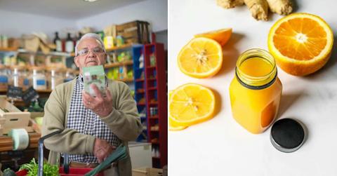 (L) An old man checking the label on the orange juice carton. (R) Orange juice surrounded by orange slices. (Representative Cover Image Source: Pexels | (L) Kampus Productions, (R) Polina Tankilevitch)