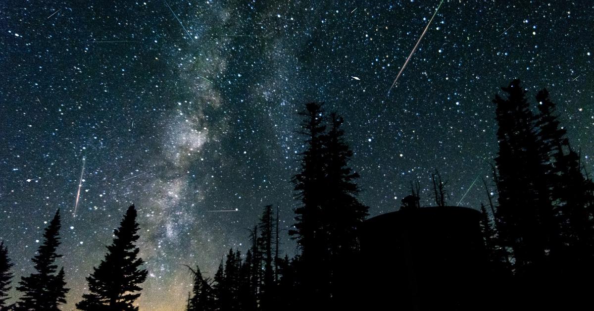 Meteor shower over a forest at night.