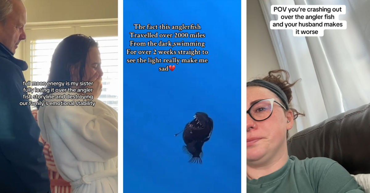 A woman sobs with her dad while watching a video, an angler fish floats in the bright blue of the surface of the ocean, and another woman cries over her theories about why the anglerfish made the fateful trek