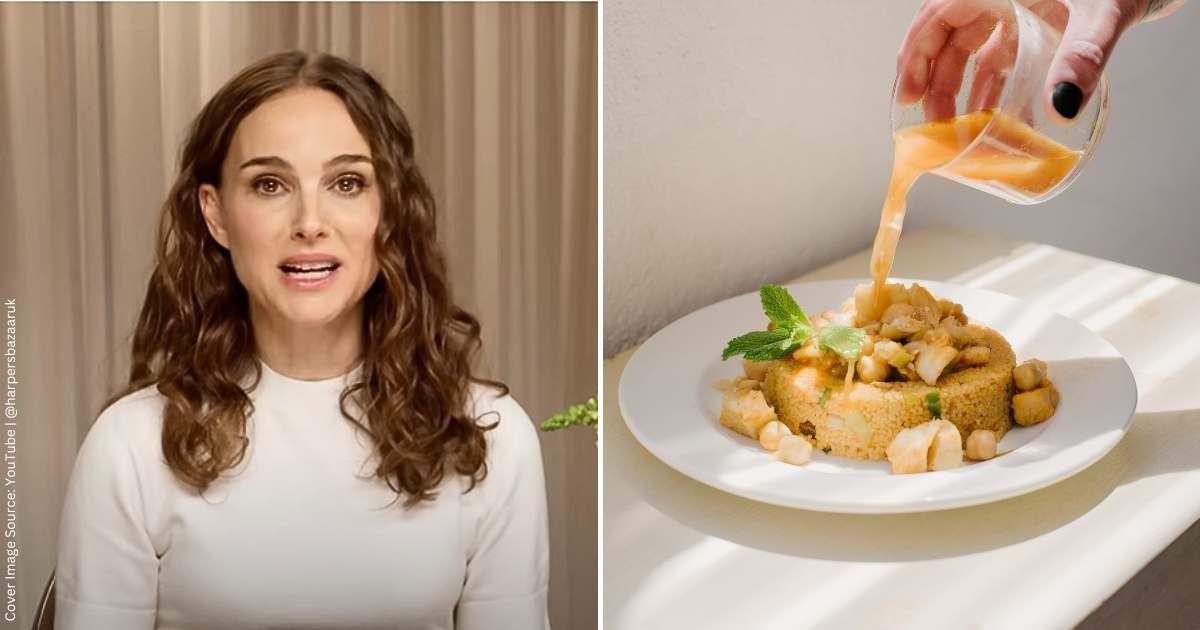 (L) Natalie Portman in an interview with Harper's Bazaar (Cover Image Source: YouTube | @harpersbazaaruk) | (R) A person pouring sauce over a Middle Eastern dish. (Representative Cover Image Source: Pexels | Alina Skazka)