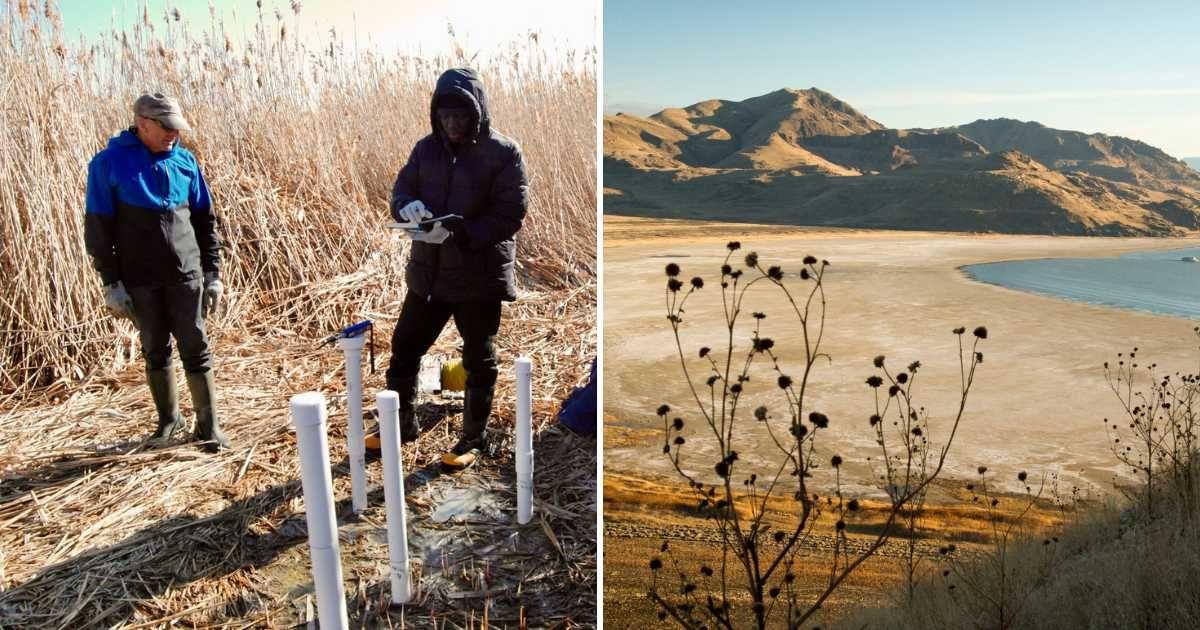 (L) Geoscientists investigating salt lake's shores with piezometers (Cover Image Source: Facebook | University of Utah) | (R) The Great Salt Lake in Utah, USA. (Representative Cover Image Source: Getty Images | Nick Pedersen)
