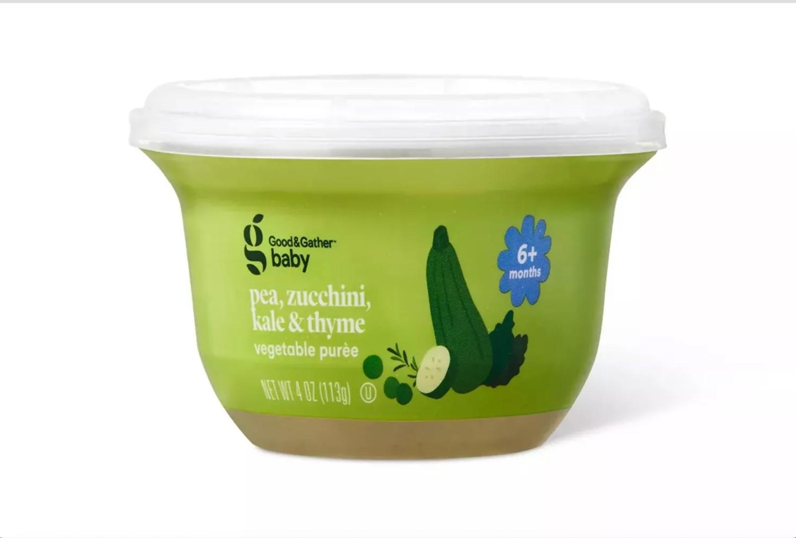 A Good & Gather container of baby food that has been recalled is pictured against a white background.