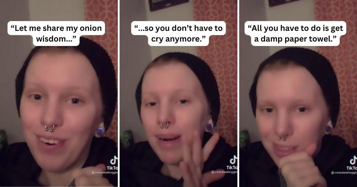 TikTok creator explains how to stop crying when chopping onions. (Cover Image Source: TikTok | @partyshirt)