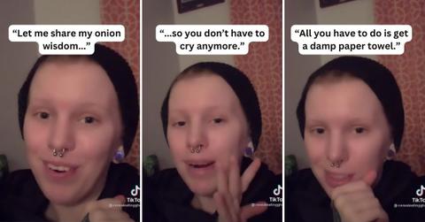 TikTok creator explains how to stop crying when chopping onions. (Cover Image Source: TikTok | @partyshirt)
