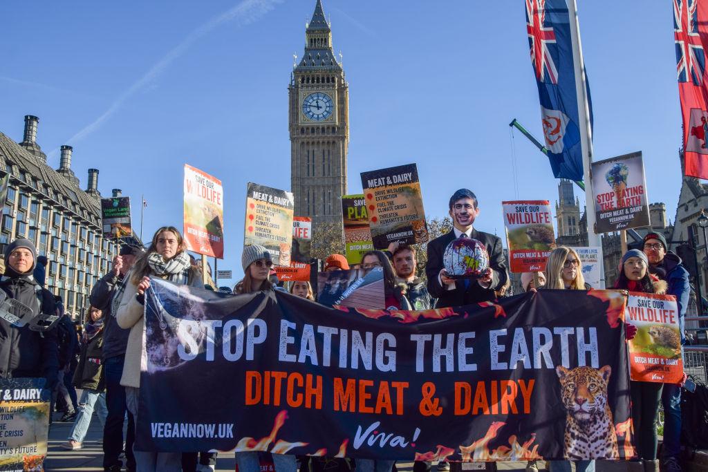 Protesters hold a "Stop Eating the Earth, Ditch Meat & Dairy" banner during a demonstration in London before COP28