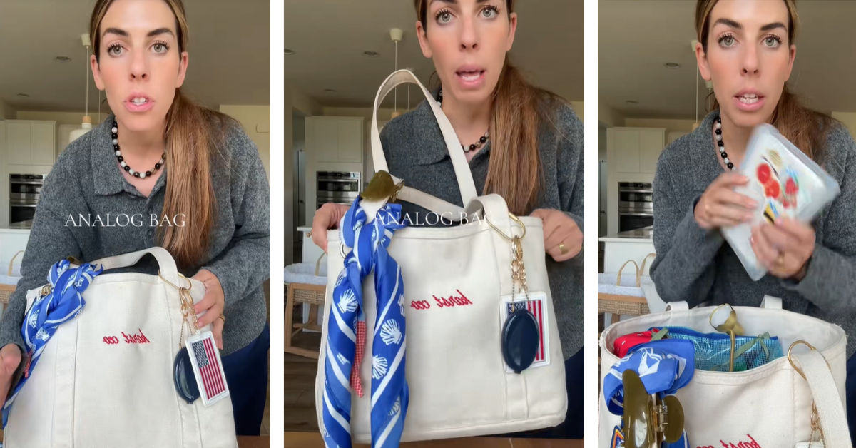 A woman shows how she transitioned her summer bag into a fall analog bag