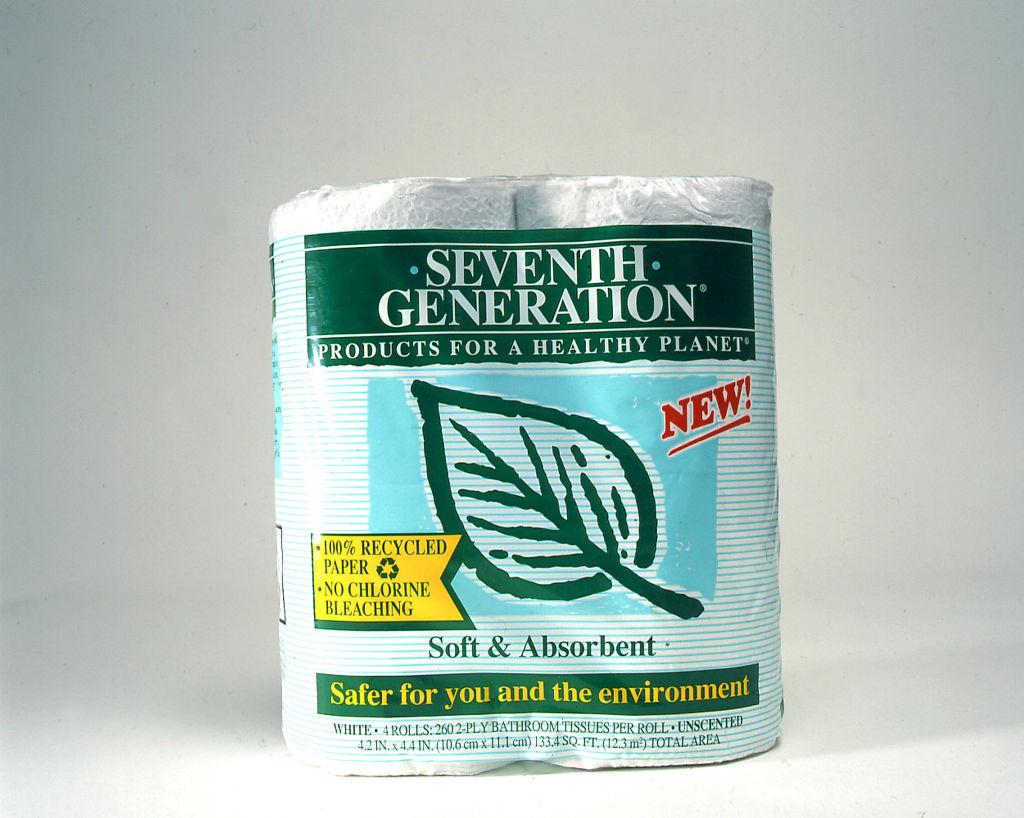 A package of Seventh Generation eco-friendly toilet paper made of 100% recycled fibers.