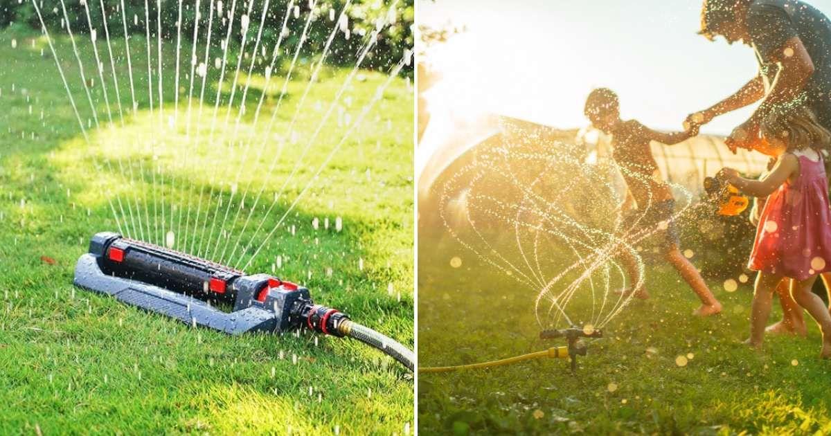 (L) Amazon's Eden Turbo Sprinkler. (Cover Image Source: Amazon) | (R) A family playing on the lawn, drenched in the sprinkler's water. (Representative Cover Image Source: Getty Images | ArtMarie)