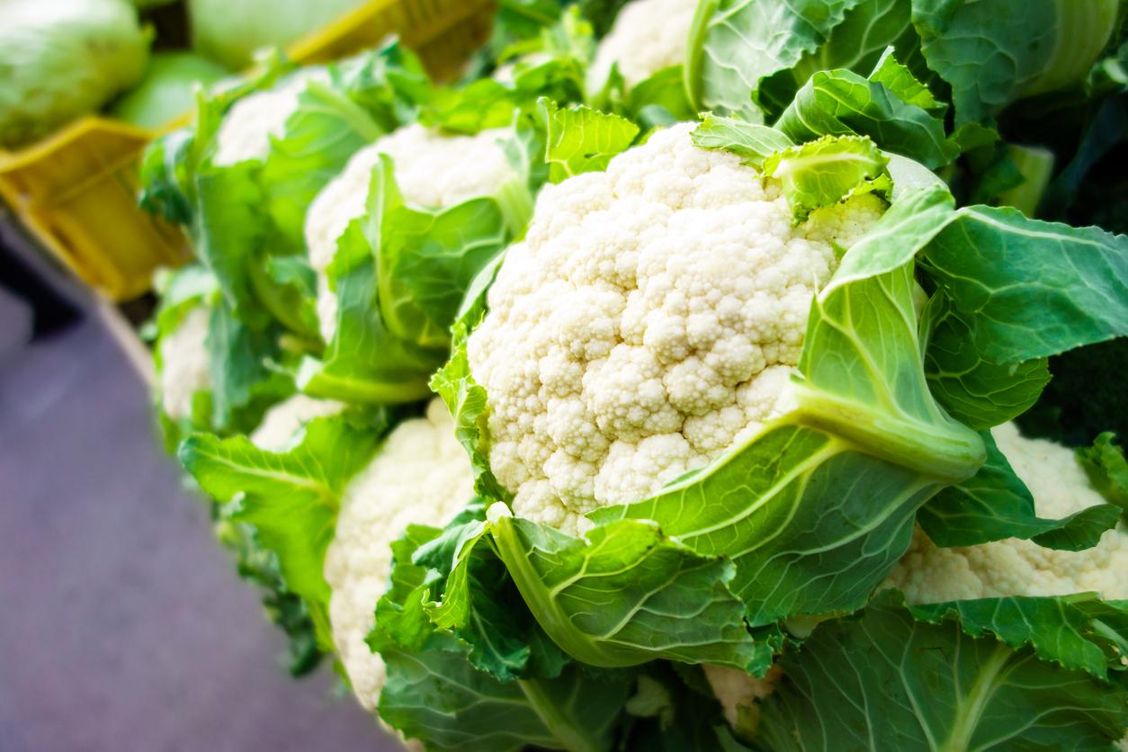 Heads of cauliflower on display.