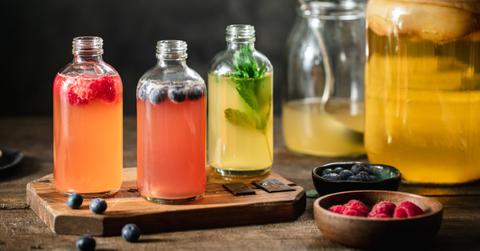 Bottles of kombucha with added fruit.