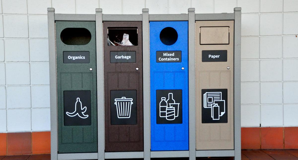 Bins for organics, garbage, mixed containers, and paper