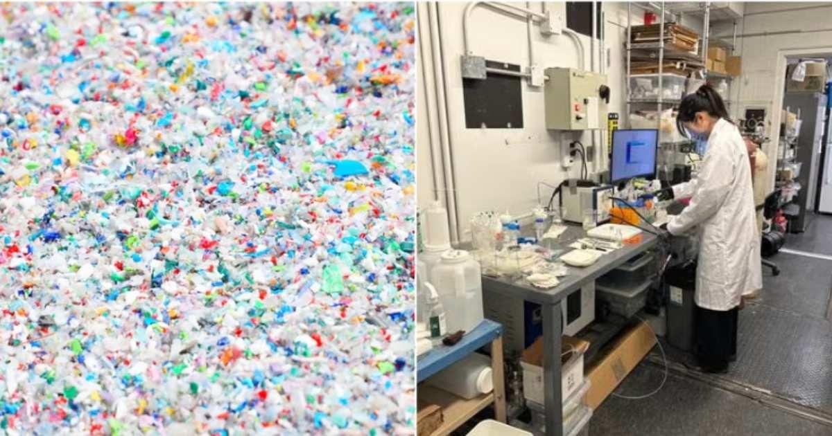 (L) A huge pile of microplastics; (R) University of Waterloo PhD student working on plastic upcycling method. (Cover Image Source: (L) Getty Images | Nugroho Ridho; (R) University of Waterloo)