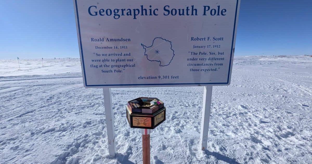 Orname metal marker embedded in Antarctic ice near the Amundsen-Scott South Pole Station to represent the South Pole (Cover Image Source: Facebook | The Antarctican Society/Photo by Sven Lindstrom)