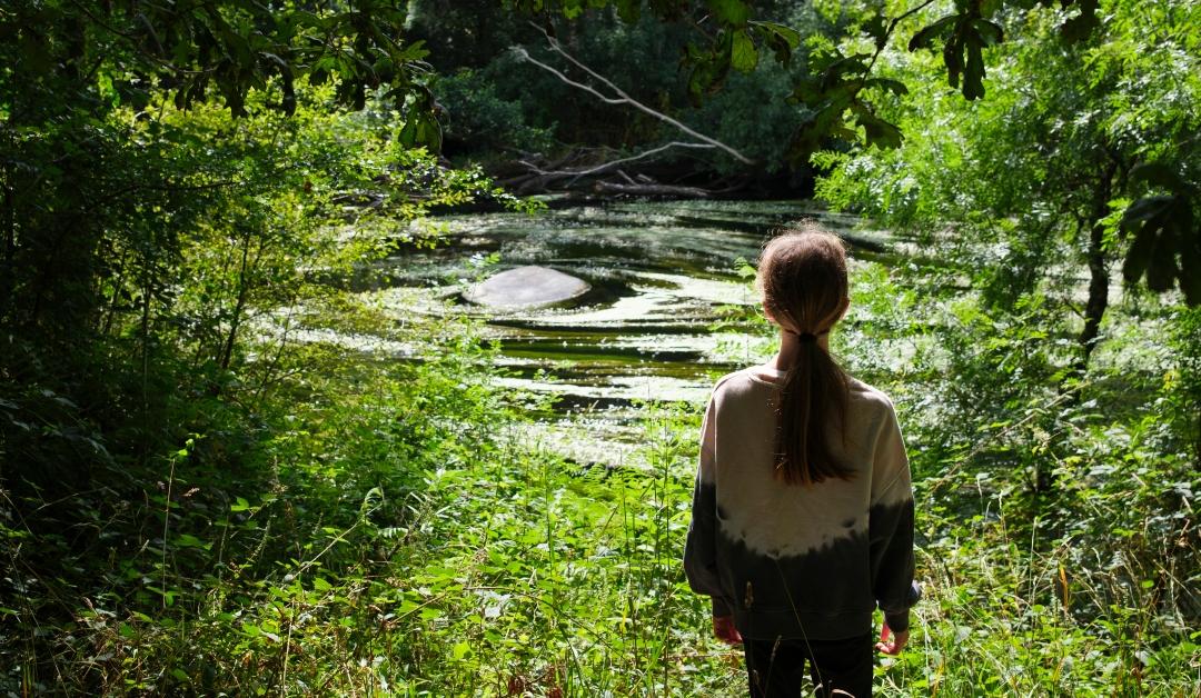 A teenage girl in the wilderness looking out over a clearing in the woods to gaze at a pond