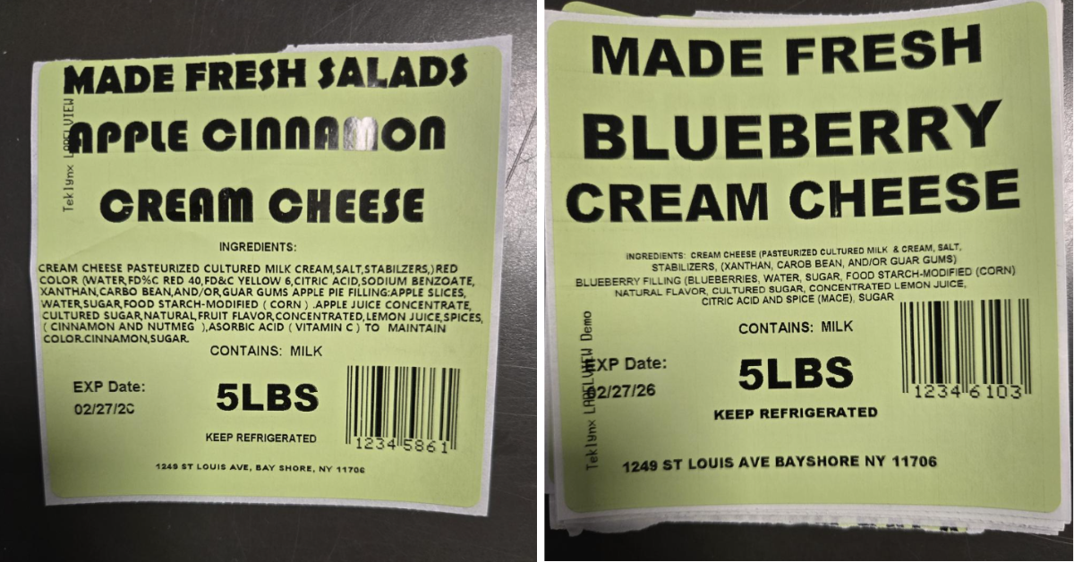 Cream cheese labels sit side-by-side, for apple cinnamon and blueberry flavored creams