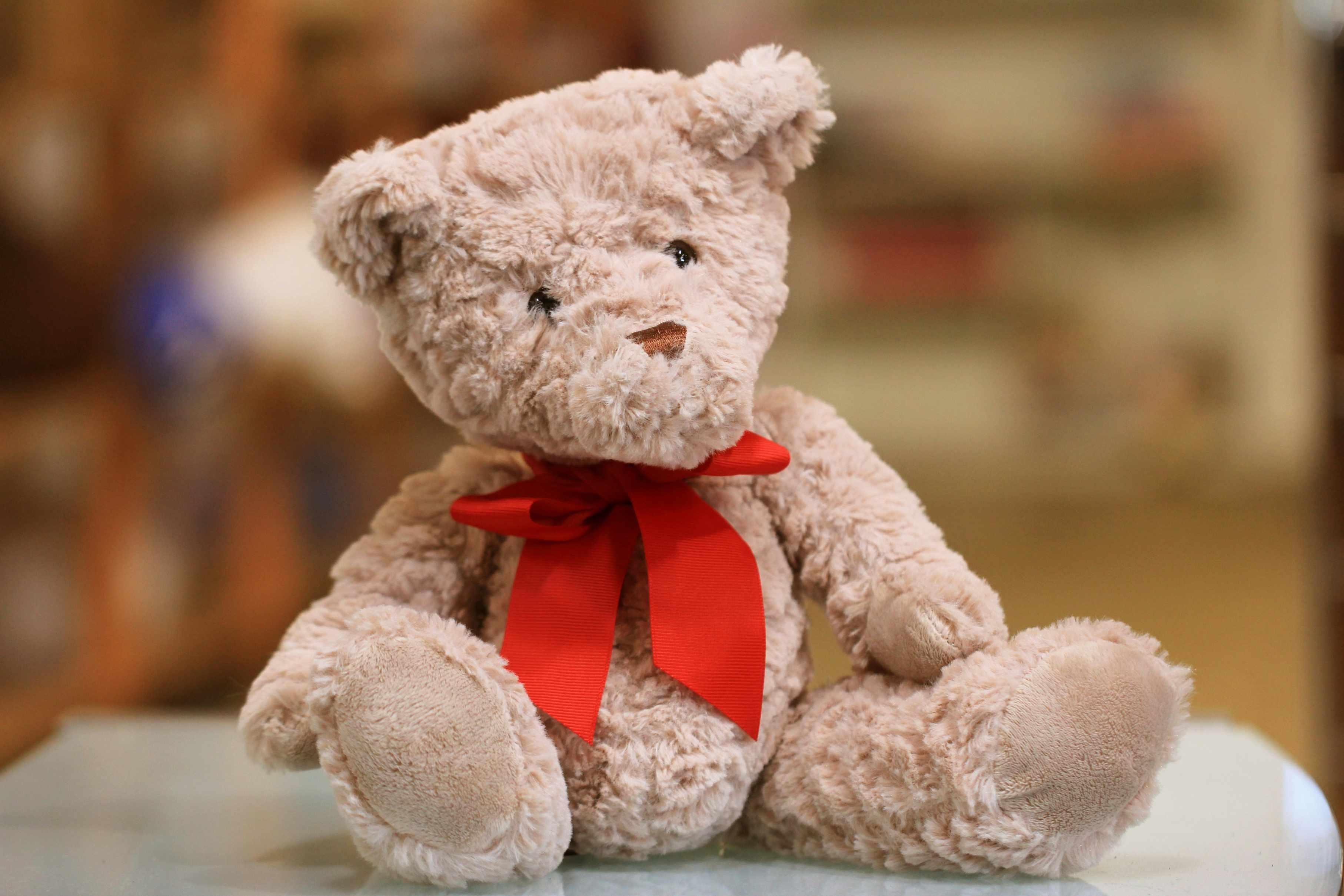 A Teddy bear is pictured with polyester outer material and polyester fiber fill inside.