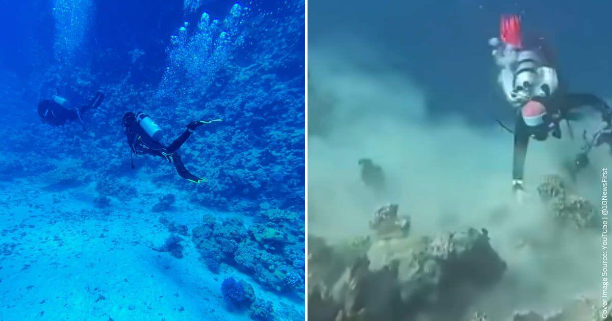 (L) Divers exploring the deep sea. (Representative Cover Image Source: Pexels | Emre Kocdemir) | (R) A diver hanging on to corals during an underwater earthquake. (Cover Image Source: YouTube | @10NewsFirst)