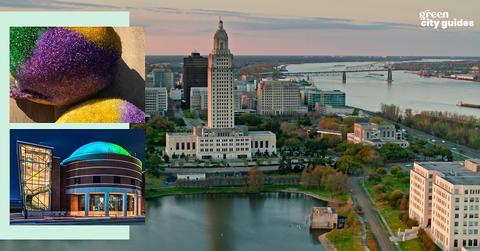 Background photo of Louisiana's capital city, Baton Rouge, with two smaller images of vegan king cakes, and the Louisiana Art & Science Museum