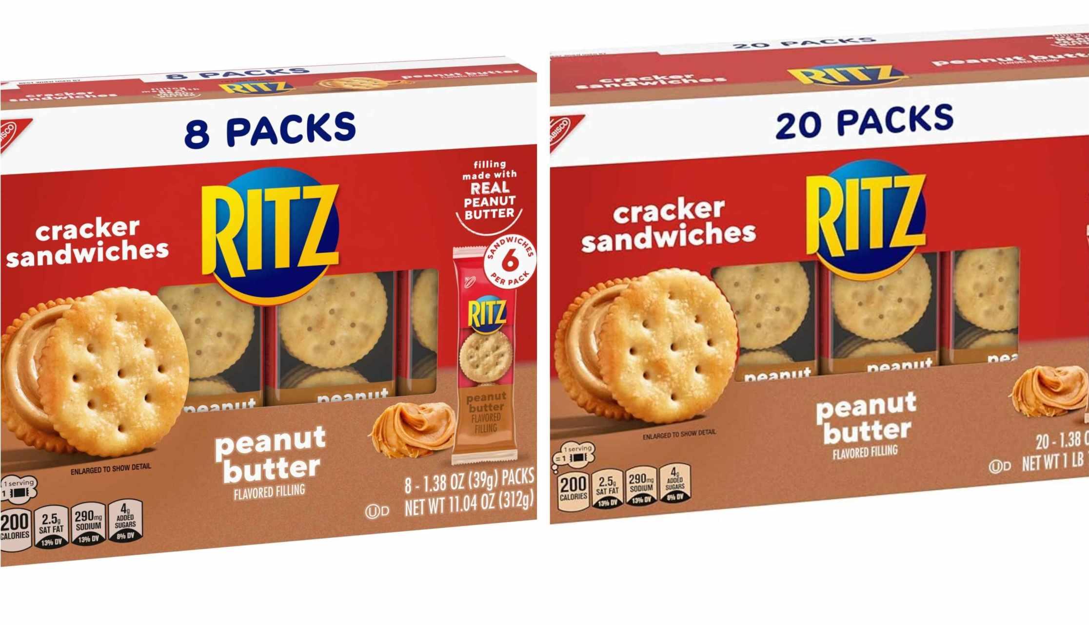 An 8-pack and 20-pack of RITZ peanut butter cracker sandwiches are pictured.
