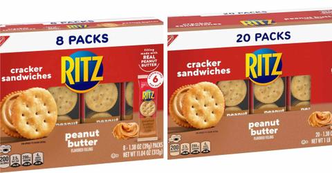 An 8-pack and 20-pack of RITZ peanut butter cracker sandwiches are pictured.