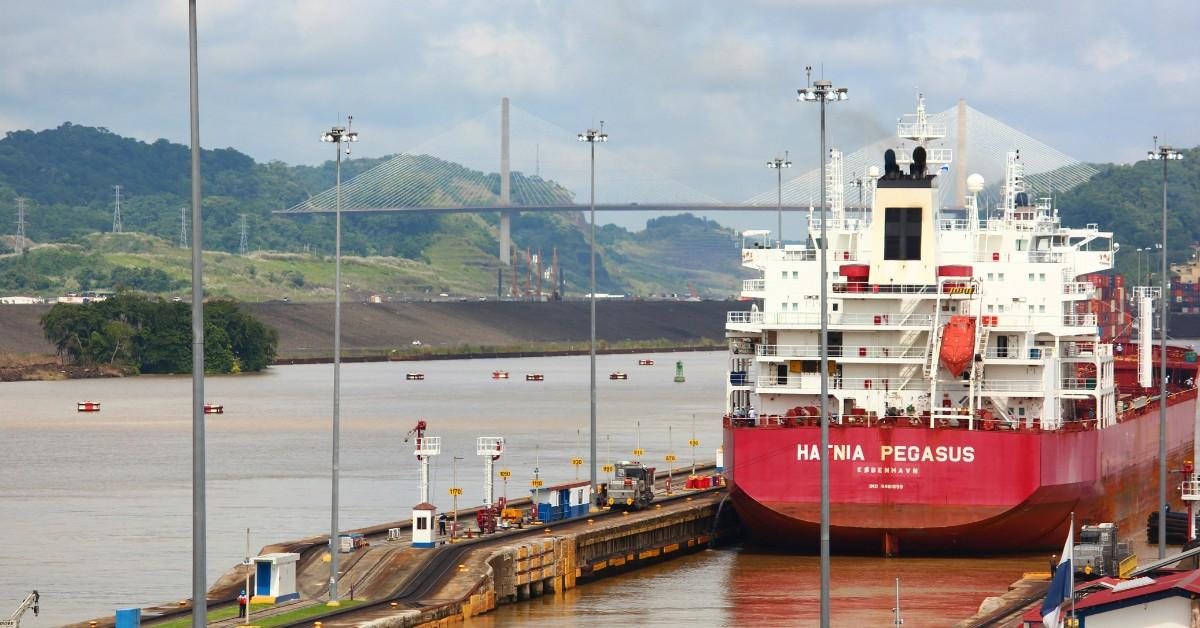 A cargo ship passes through the Panama Canal