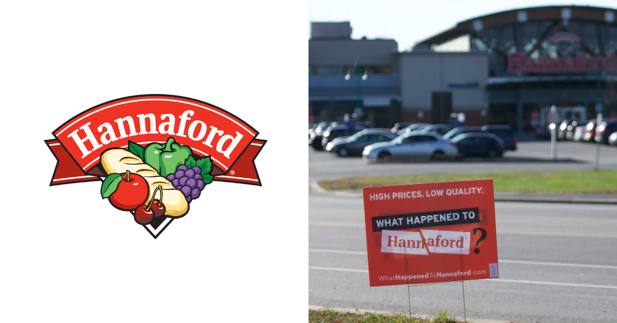 The Hannaford logo appears next to a sign asking what happened to the store