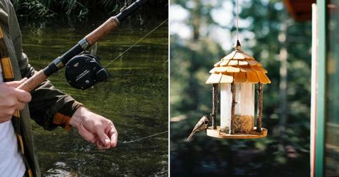 (L) A man holding the fishing hook; (R) A bird feeder hanging by a thread. (Representative Image Source: Pexels | (L) Cottonbro studio; (R) Lindsay Garrett)
