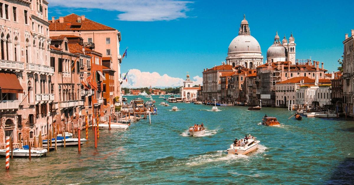 Boats travel in the canals of Venice, Italy
