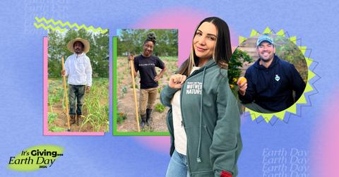 Headshots from sustainable gardening influencers Kevin Espiritu, Sabrina Pare, Angelique Taylor, and David "Kip" Ritchey layered with 'Green Matters' illustrations