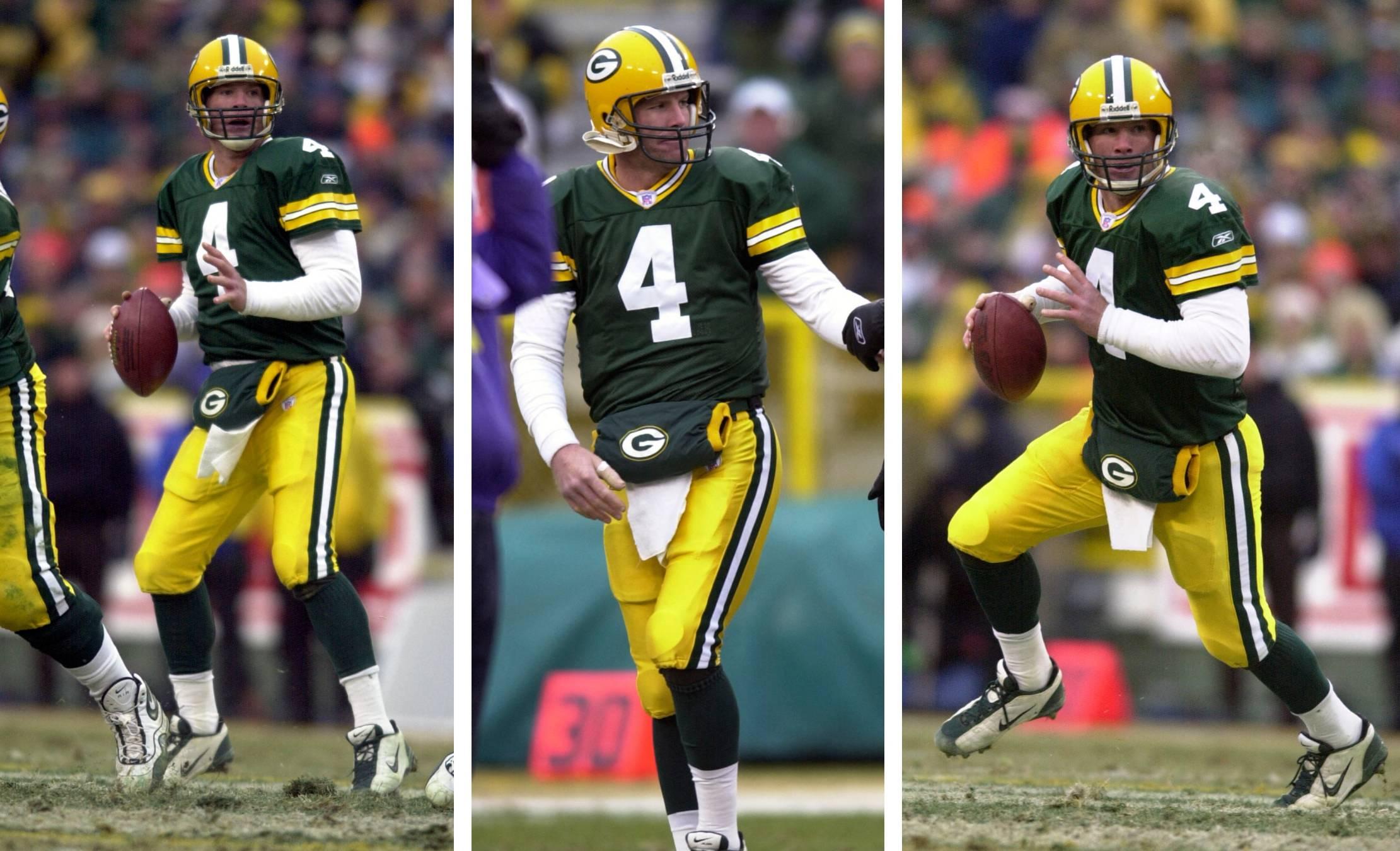 Three photos depict Brett Favre in a Green Bay Packers uniform preparing to throw a pass.