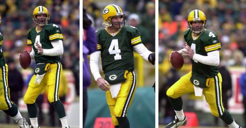 Three photos depict Brett Favre in a Green Bay Packers uniform preparing to throw a pass.