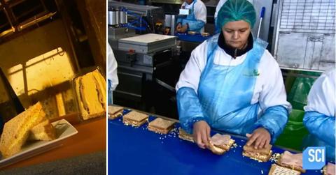 (L) Pre-packed sandwiches. (R) Factory workers wearing aprons are preparing the sandwiches. (Cover Image Source: YouTube | @sciencechannel)