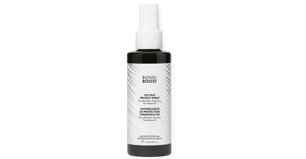 Bondi Boost heat protectant spray in a black and white bottle