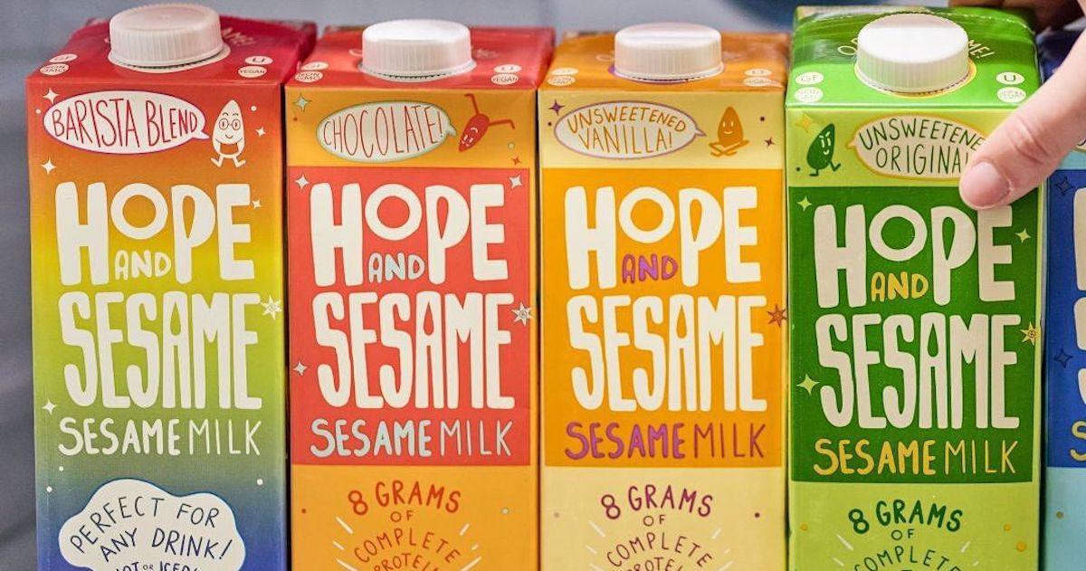 Four of Hope and Sesame's sesame milk cartons in various colors