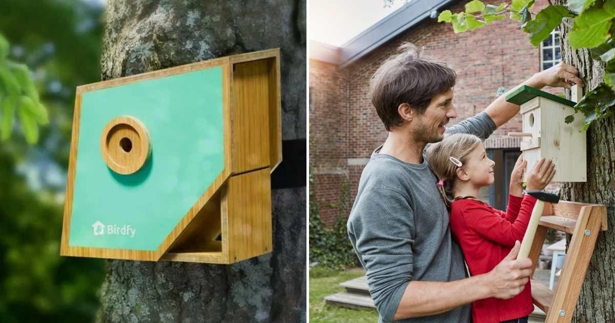 (L) Birdfy's Polygon Smart Birdhouse on sale. (Cover Image Source: Walmart) | (R) A father installing a bird house with his daughter. (Representative Cover Image Source: Getty Images | Westend61)