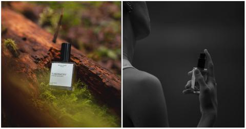 The Tobermory perfume bottle resting on a tree by Wild Coast Perfumery (left), and a woman holding up a perfume bottle in a black and white photo by Wild Coast Perfumery (right)