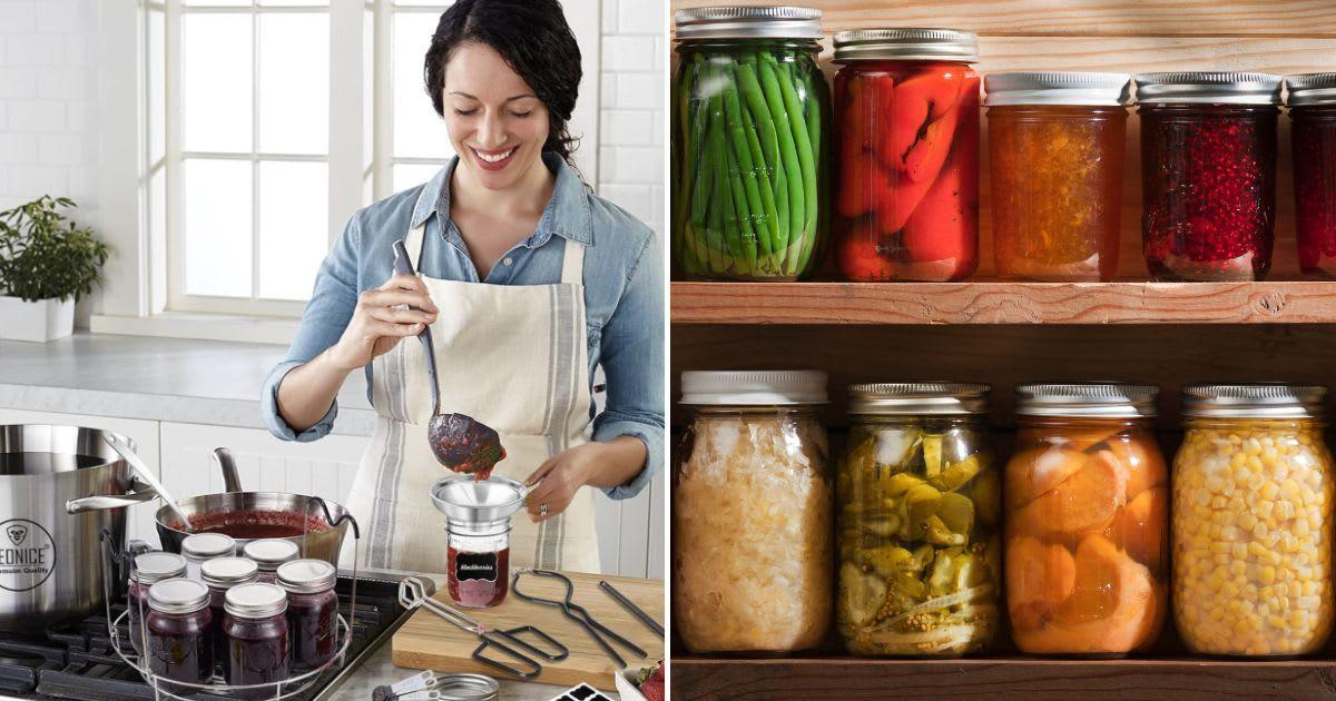 (L) A Woman canning food products using a canning starter kit. (Cover Image Source: Amazon); (R) A shelf of canned jars. (Representative Cover Image Source: Getty Images | YinYang)