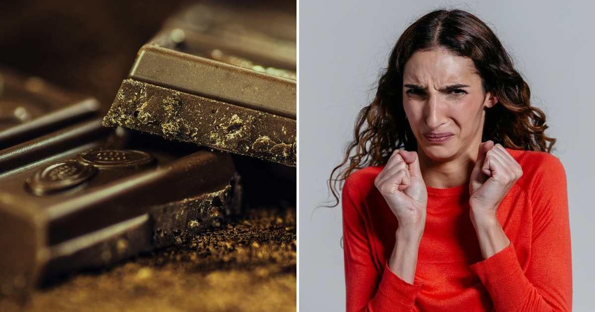 (L) A broken piece of Lindt chocolate bar. (R) A woman is utterly disgusted. (Representative Cover Image Sources: Pexels | (L) Pixabay, (R) Pavel Danilyuk)