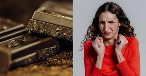 (L) A broken piece of Lindt chocolate bar. (R) A woman is utterly disgusted. (Representative Cover Image Sources: Pexels | (L) Pixabay, (R) Pavel Danilyuk)