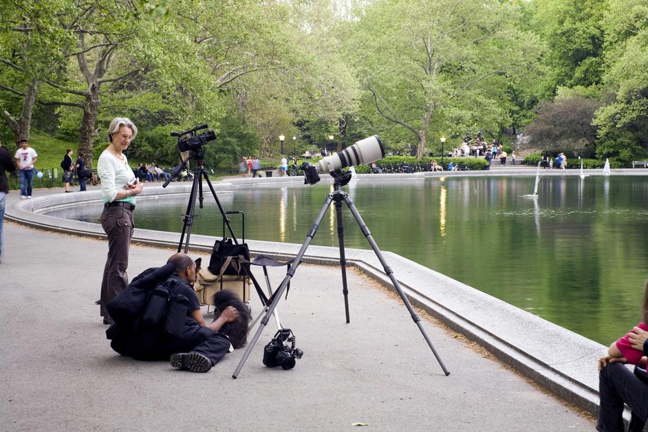 People taking photos around Kerbs boathouse in Central Park.