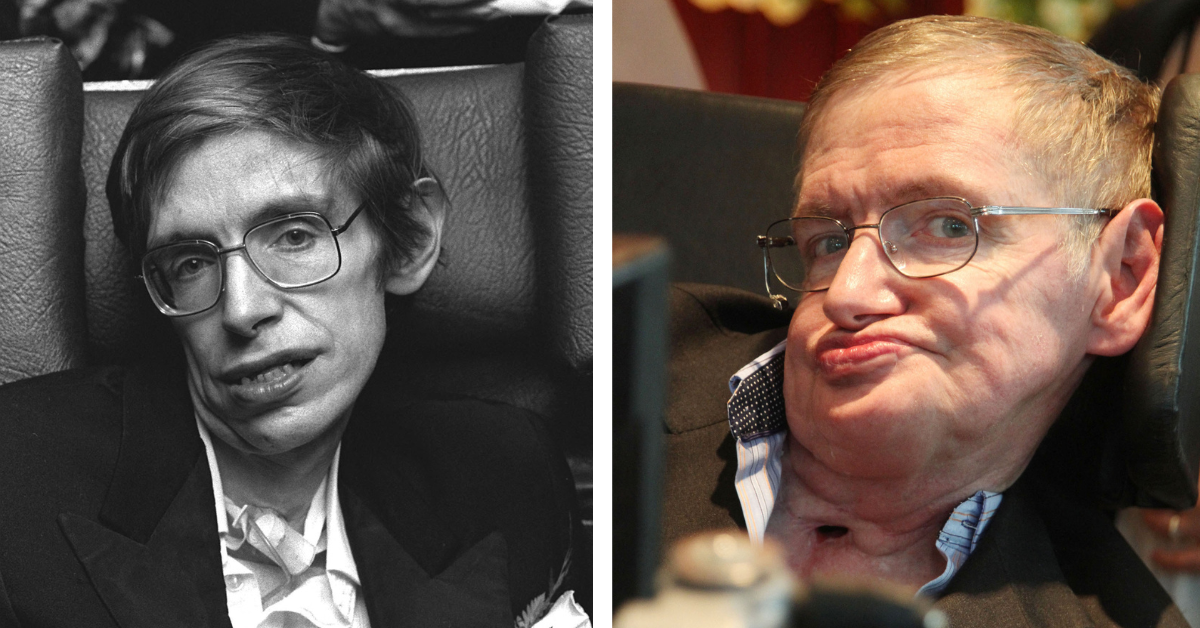 A side-by-side shot of Stephen Hawking in his youth and again before his death