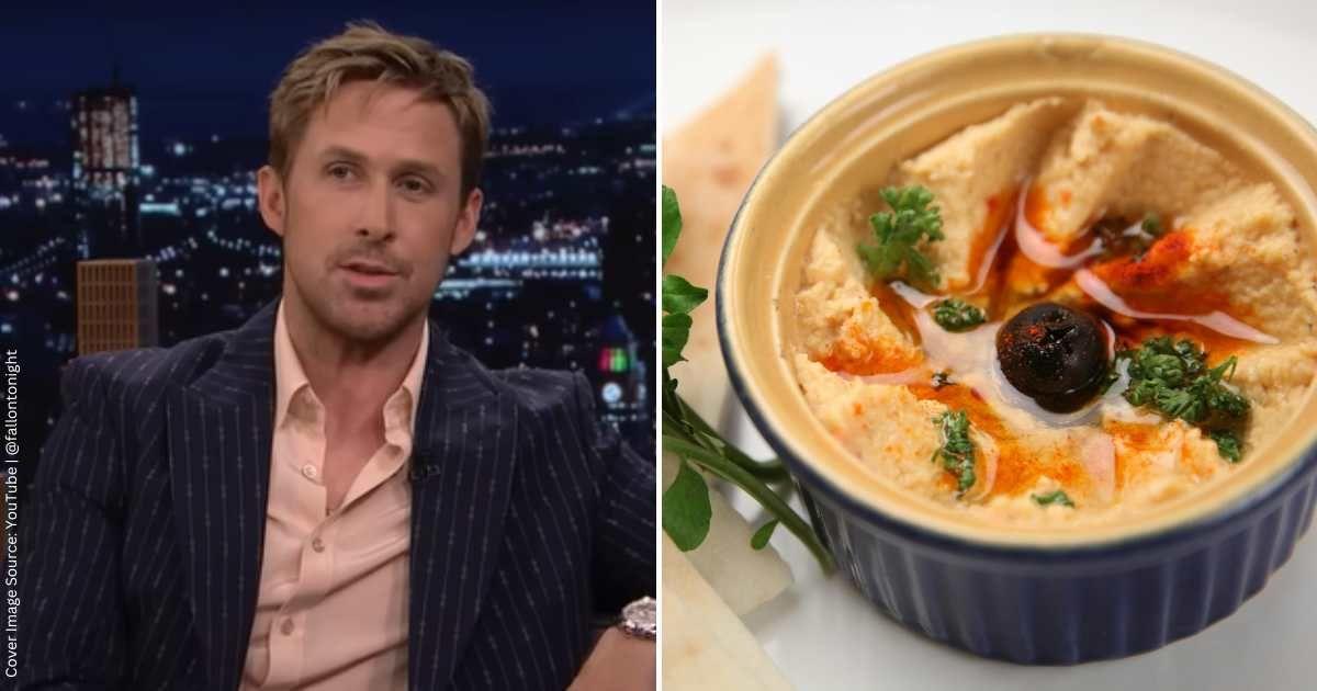 (L) Ryan Gosling in an interview with Jimmy Fallon on The Tonight Show. (Cover Image Source: Youtube | @fallontonight) | (R) Fresh hummus with pita bread. (Representative Cover Image Source: Pexels | Zak Chapman)