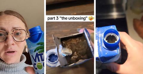 woman showing coconut water container with mold