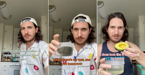 Screenshots from Sidney Raz TikTok about storing an avocado in water.