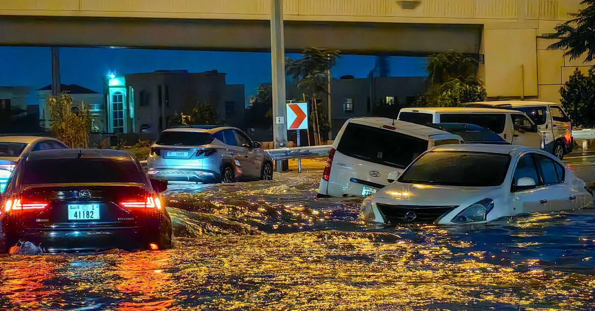 Cars stuck in flood waters in Dubai
